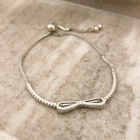 925 Sterling Silver Diamond Bow Bracelet Toggle Dainty Box Chain Bracelet - Picture 2 of 5